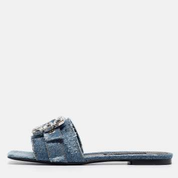 Pre Owned Dolce & Gabbana Blue Denim Embellished Patchwork Flat Slides Size 40