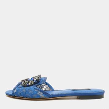 Pre Owned Dolce & Gabbana Blue Lace Sofia Crystal Embellished Slide Flats Size 37