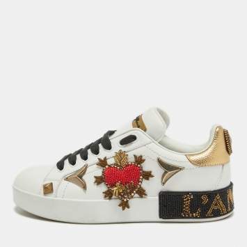 Pre Owned Dolce & Gabbana White Leather Portofino Embellished Low Top Sneakers Size 35