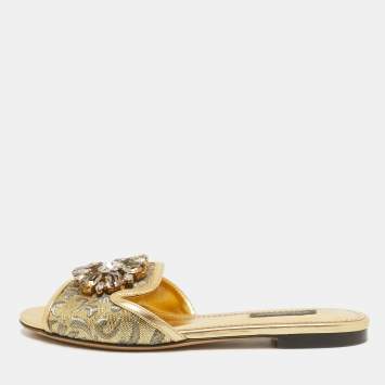 Pre Owned Dolce & Gabbana Gold Brocade Fabric and Leather Crystal Embellished Flat Slides Size 36