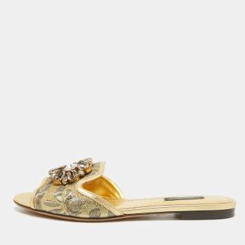 Pre Owned Dolce & Gabbana Gold Brocade Fabric Sofia Crystal Embellished Slides Size 38