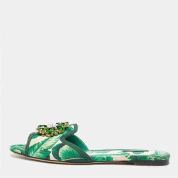 Pre Owned Dolce & Gabbana Green/White Floral Print Fabric Bianca Flat Slides Size 39.5
