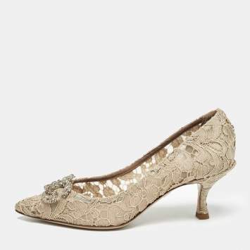 Pre Owned Dolce & Gabbana Beige Lace DG Amore Crystal Embellished Pointed Toe Pumps Size 36