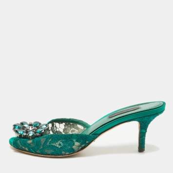 Pre Owned Dolce & Gabbana Green Lace Crystal Embellished Sandals Size 36