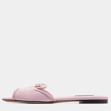 Pre Owned Dolce & Gabbana Pink Lizard Embossed Leather Flat Slides Size 37.5    