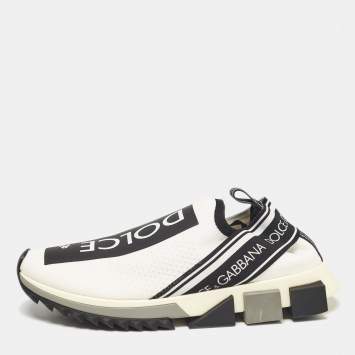 Pre Owned Dolce & Gabbana White/Black Knit Fabric Sorrento Slip On Sneakers Size 40