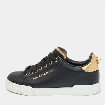 Pre Owned Dolce & Gabbana Black Leather Portofino Pearl Embellished Low Top Sneakers Size 39.5