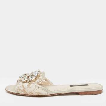 Pre Owned Dolce & Gabbana Light Grey Lace Bianca Flat Slides Size 35.5