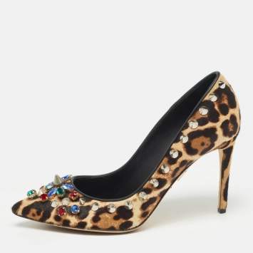 Pre Owned Dolce & Gabbana Brown/Beige Leopard Print Calf Hair Studded Pumps Size 37.5