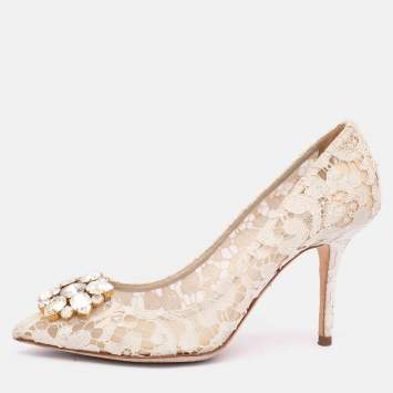Pre Owned Dolce & Gabbana Off White Lace Bellucci Embellished Pointed Toe Pumps Size 39
