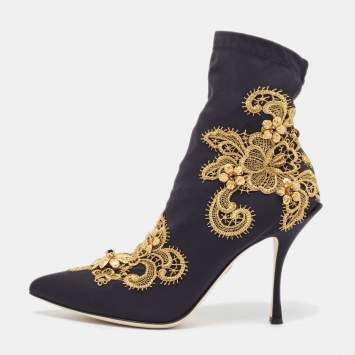 Pre Owned Dolce & Gabbana Black/Gold Baroque Embroidered Fabric Lori Ankle Boots Size 39