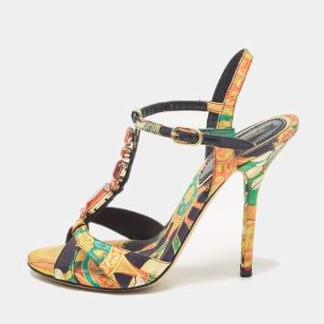 Pre Owned Dolce & Gabbana Multicolor Canvas Crystal Embellished Ankle Strap Sandals Size 39