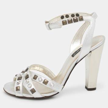 Pre Owned Dolce & Gabbana Silver Leather Embellished Ankle Strap Sandals Size 36.5