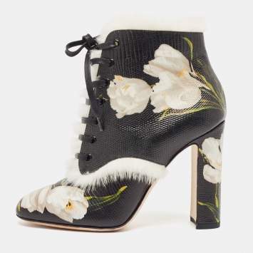 Pre Owned Dolce & Gabbana Black Fur and Lizard Embossed Leather Ankle Length Boots Size 39