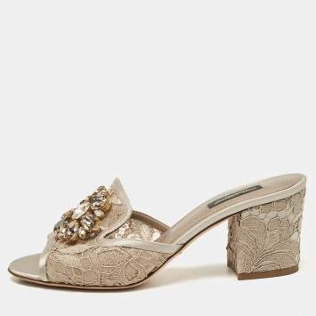 Pre Owned Dolce & Gabbana Beige/Silver Satin Sofia Slide Sandals Size 38
