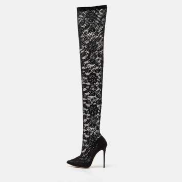 Pre Owned Dolce & Gabbana Black Lace and Mesh Knee Length Boots Size 37