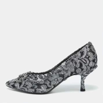 Pre Owned Dolce & Gabbana Silver/Black Lace DG Amore Crystal Embellished Pointed Toe Pumps Size 39