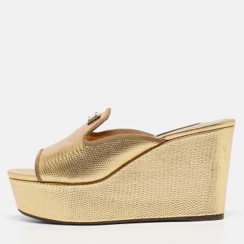 Pre Owned Dolce & Gabbana Gold Lizard Embossed Leather Wedge Sandals Size 36