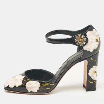 Pre Owned Dolce & Gabbana Black Floral Print Leather Ankle Strap Pumps Size 39