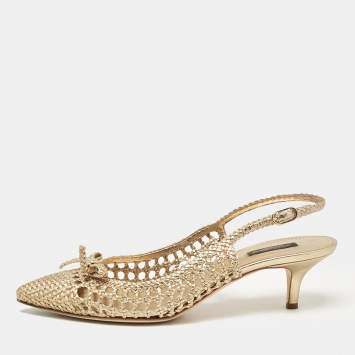 Pre Owned Dolce & Gabbana Gold Woven Leather Pointed Toe Slingback Pumps Size 41