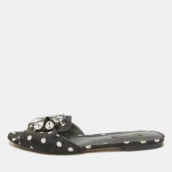 Pre Owned Dolce & Gabbana Black Polka Dot Canvas Bianca Flat Slides Size 37