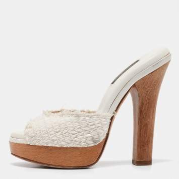 Pre Owned Dolce & Gabbana White Raffia Platform Slide Sandals Size 36