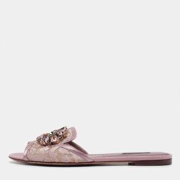 Pre Owned Dolce & Gabbana Purple Lace Crystal Embellished Flat Slides Size 39