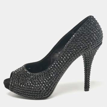 Pre Owned Dolce & Gabbana Black Suede Crystal Embellished Peep Toe Pumps Size 39