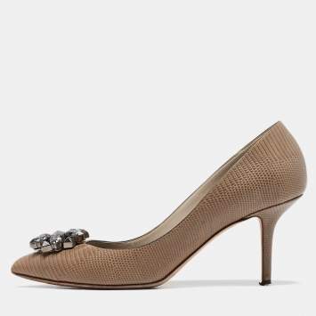 Pre Owned Dolce & Gabbana Beige Lizard Embossed Leather Bellucci Crystals Pumps Size 39.5