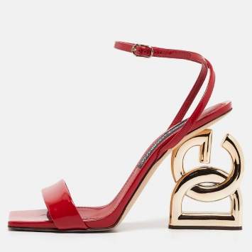 Pre Owned Dolce & Gabbana Red Patent Leather DG Heel Ankle Strap Sandals Size 40