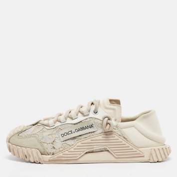 Pre Owned Dolce & Gabbana Cream/Pink Lace and Neoprene NS1 Sneakers Size 41