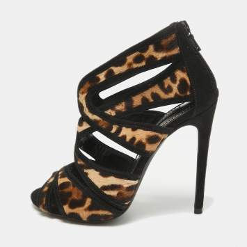 Pre Owned Dolce & Gabbana Black/Beige Calf Hair Ankle Strap Sandals Size 36.5