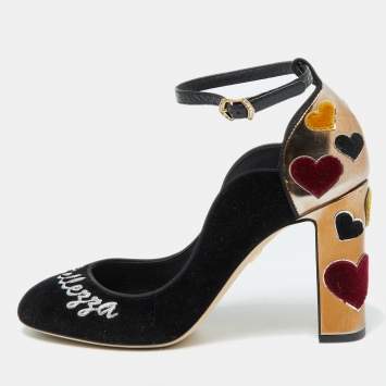 Pre Owned Dolce & Gabbana Black/Gold Velvet and Leather L' Amore Block Heel Pumps Size 39