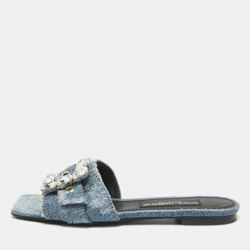 Pre Owned Dolce & Gabbana Blue Denim Crystal Embellished Buckle Flat Slides Size 38