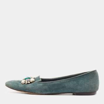 Pre Owned Dolce & Gabbana Green Suede Crystal Embellished Flats Size 37
