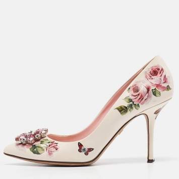 Pre Owned Dolce & Gabbana Cream Leather Crystal Embellished Pumps Size 41