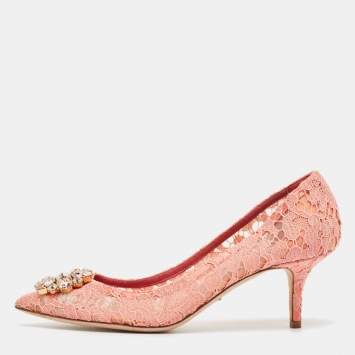 Pre Owned Dolce & Gabbana Pink Lace Crystal Embellished Bellucci Pumps Size 40