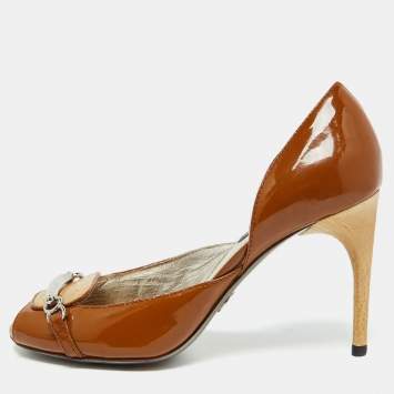 Pre Owned Dolce & Gabbana Brown/Beige Ostrich Leg Leather and Patent Leather Pumps Size 36