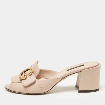 Pre Owned Dolce & Gabbana Beige Leather Slide Sandals Size 40