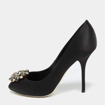 Pre Owned Dolce & Gabbana Black Satin Crystal Embellished Peep Toe Pumps Size 39.5