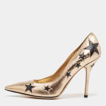 Pre Owned Dolce & Gabbana Metallic Leather and Snakeskin Leather Pointed Toe Pumps Size 37.5