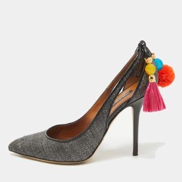Pre Owned Dolce & Gabbana Grey Raffia and Snakeskin Cutout Pointed Toe Pumps Size 39