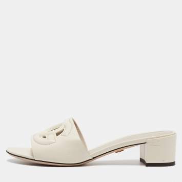 Pre Owned Dolce & Gabbana Off White Leather Cut Out DG Logo Slide Sandals Size 38.5