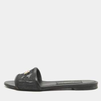 Pre Owned Dolce & Gabbana Black Denim Logo Slide Flats Size 38