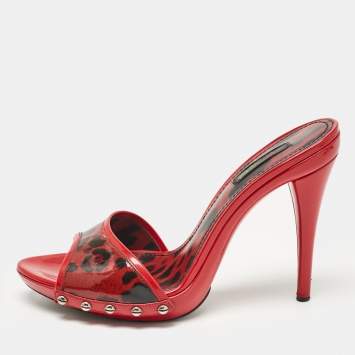 Pre Owned Dolce & Gabbana Red Patent Leather Leopard Print Slide Sandals Size 38