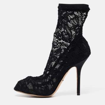 Pre Owned Dolce & Gabbana Black Stretch Lace and Mesh Ankle Length Boots Size 36