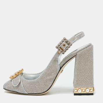 Pre Owned Dolce & Gabbana Silver Metallic Fabric Crystal Embellished Block Heel Pumps Size 41