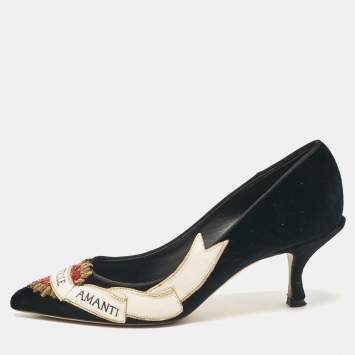 Pre Owned Dolce & Gabbana Black Velvet Love Embellished Pointed Toe Pumps Size 38.5