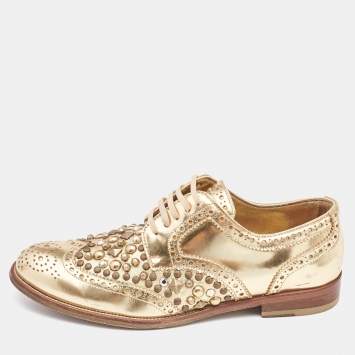 Pre Owned Dolce & Gabbana Gold Brogue Leather Studded Derby Size 38.5