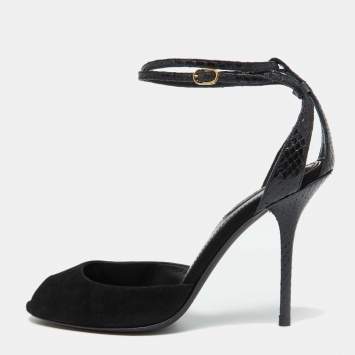 Pre Owned Dolce & Gabbana Black Snakeskin Embossed Leather and Suede Ankle Strap Sandals Size 40